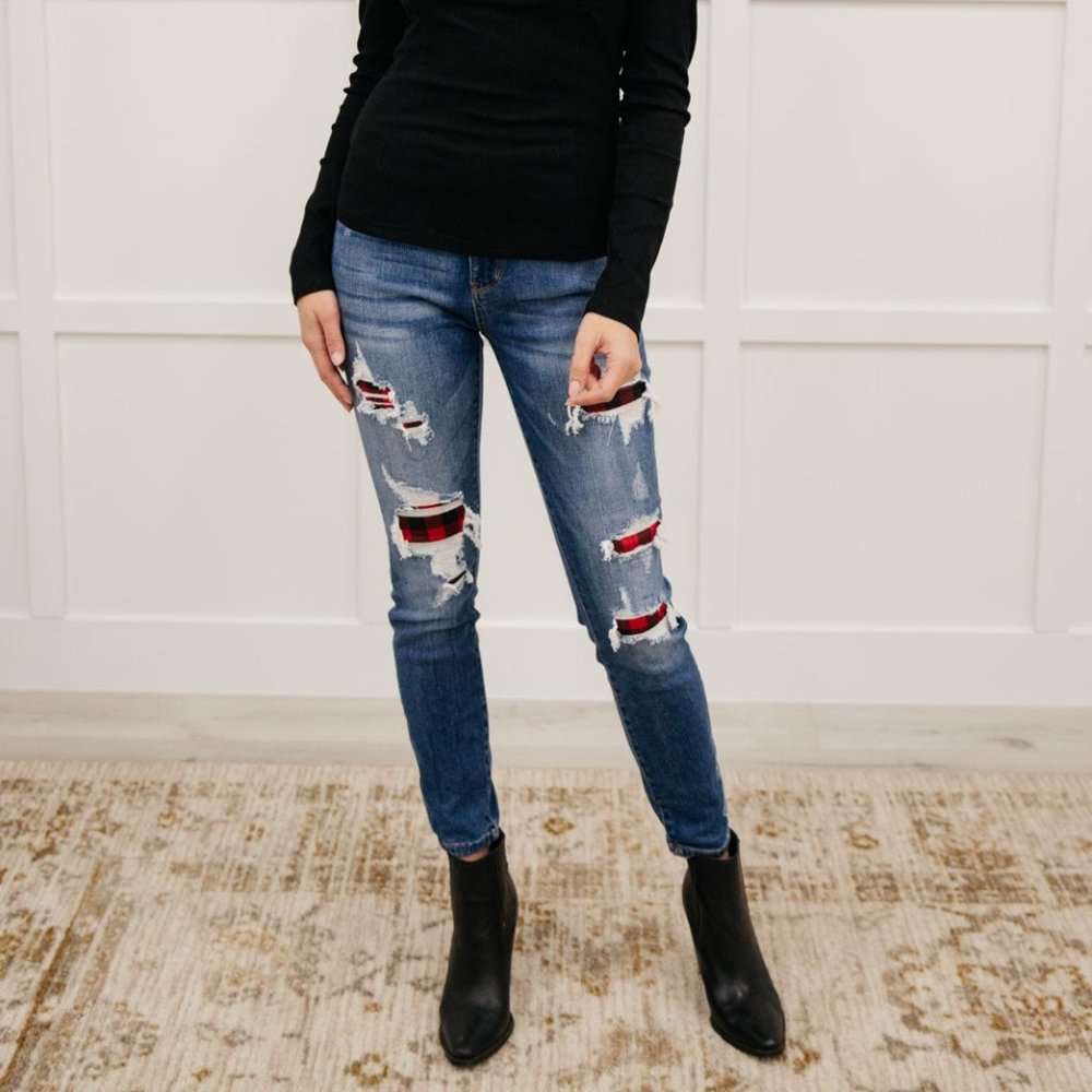 Judy Blue Plaid Patch Jeans 5/27 NWT